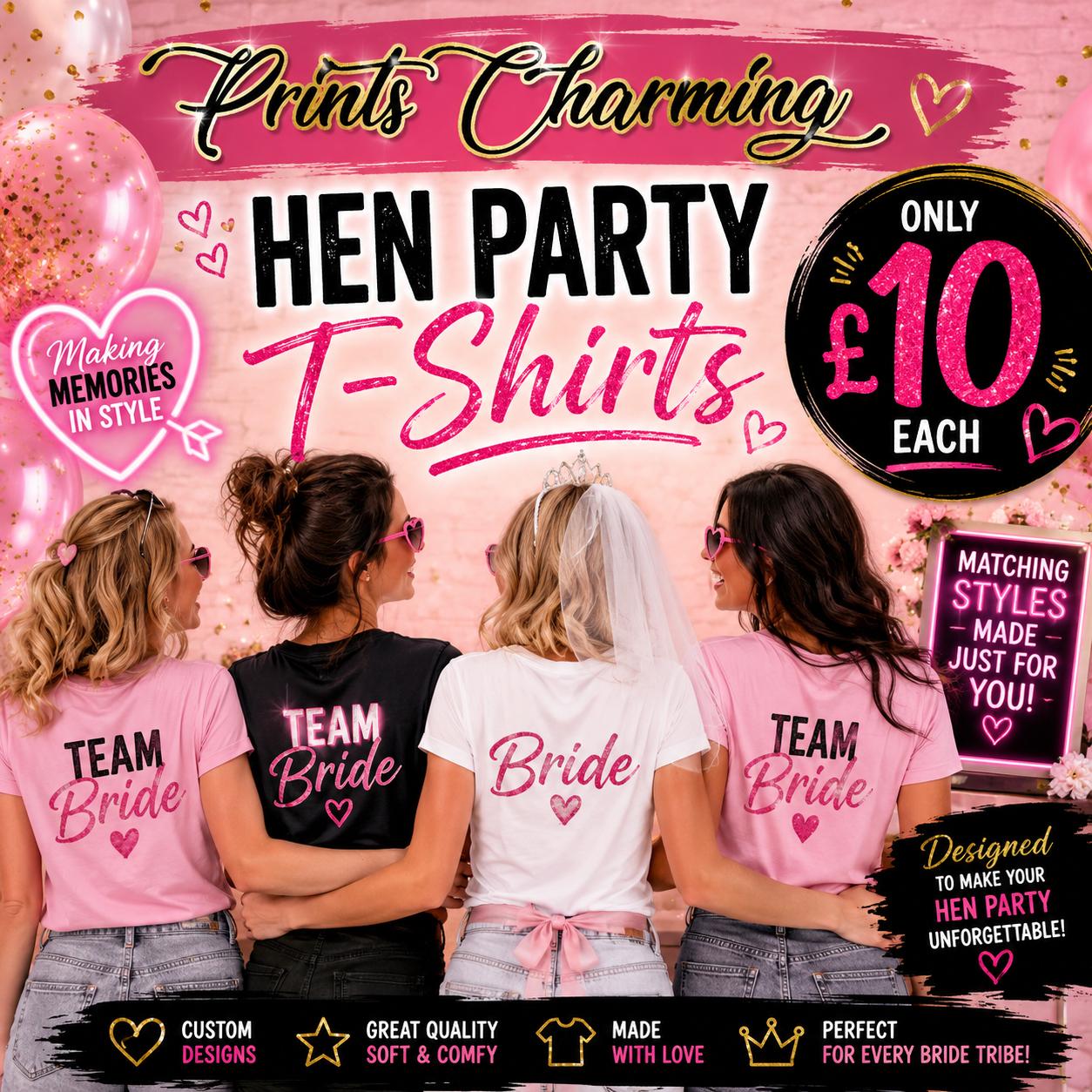 Hen party group wearing personalised T-shirts