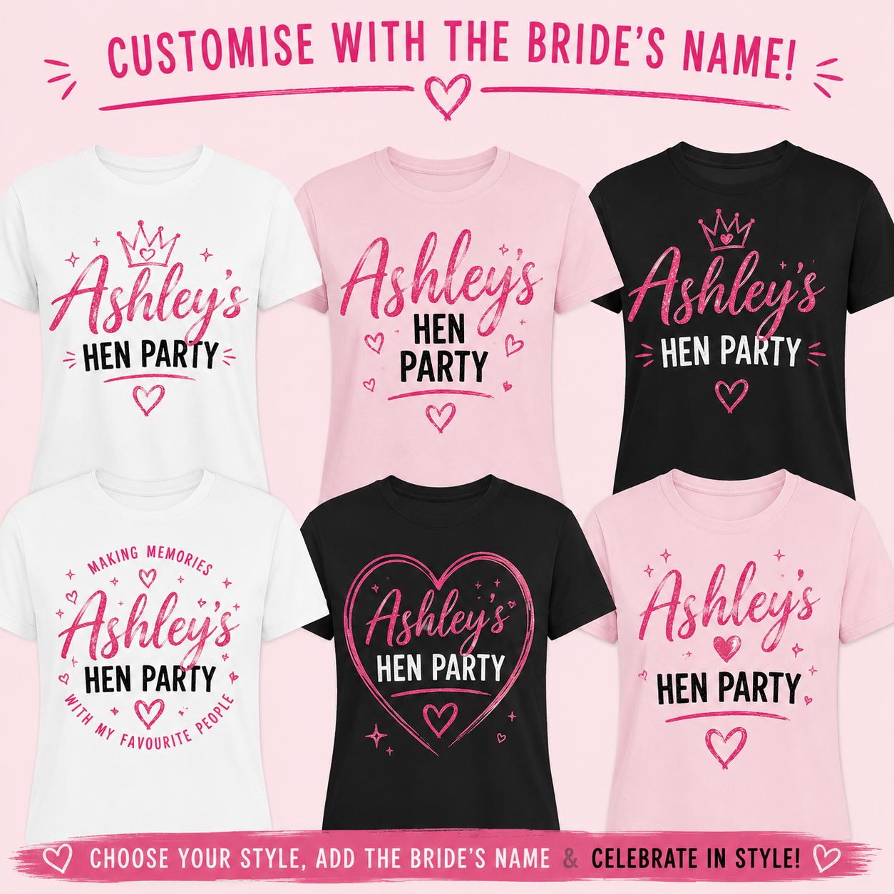 Hen party T-shirt design options customised with the bride name Ashley